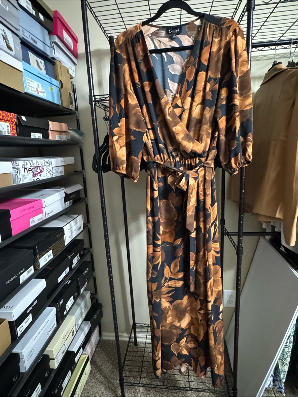 Faux-Wrap Maxi Dress in Black and Brown Floral - Picture 6 of 7